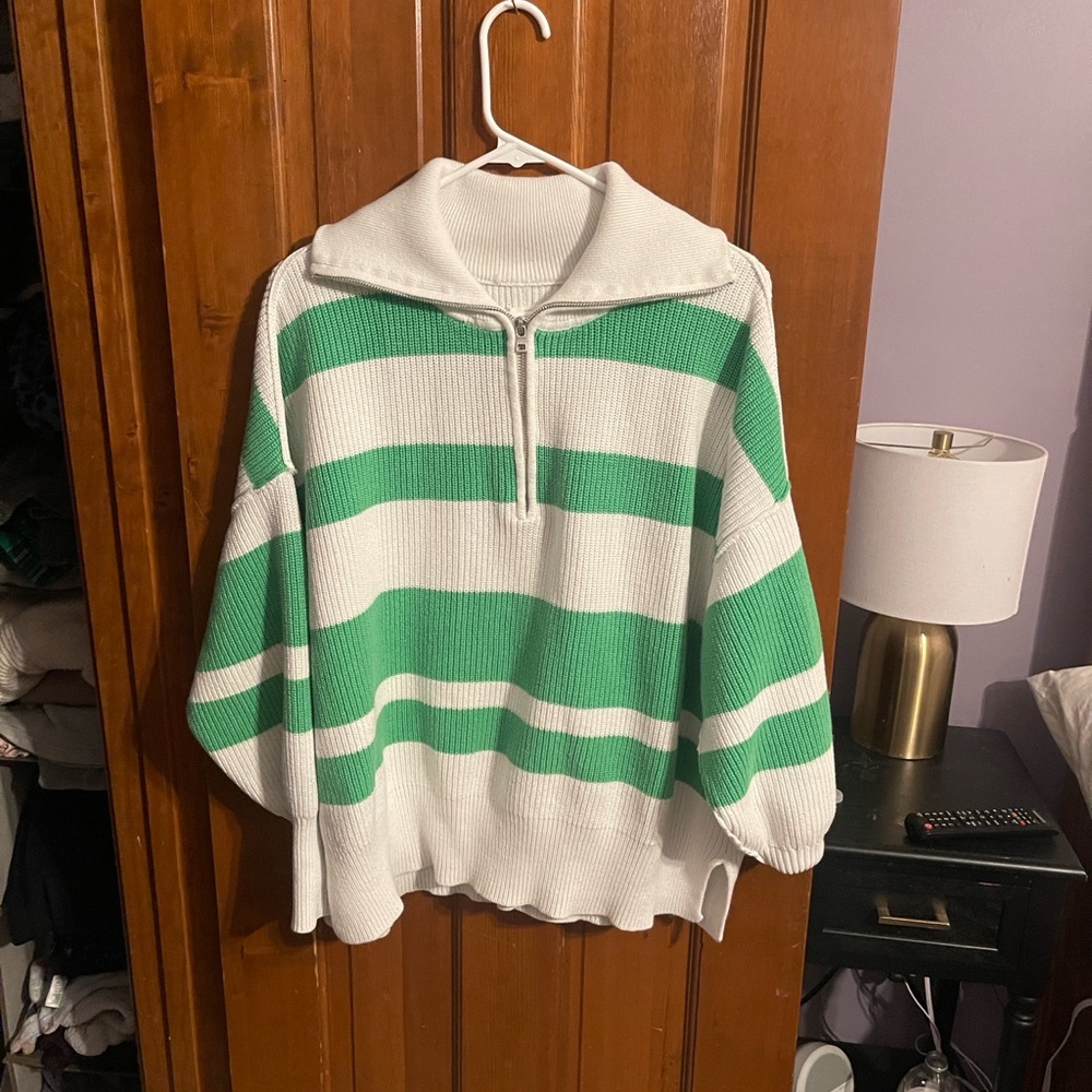 Aerie Green and White Striped Cowl Neck Sweater